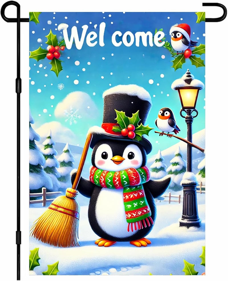 BlissYard Winter Garden Flag Christmas Outdoor Snow Scene Decoration for Porch Lawn Fence Double Sided 12x18 inch Cute Penguin Holiday Yard Welcome Sign Winter Wonderland Decor - Image 1